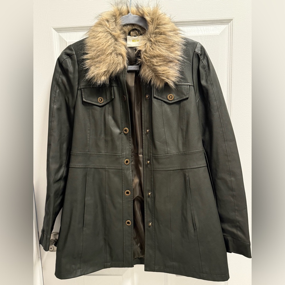 Anthropologie Dark Green Faux Leather Jacket with Faux Fur Collar